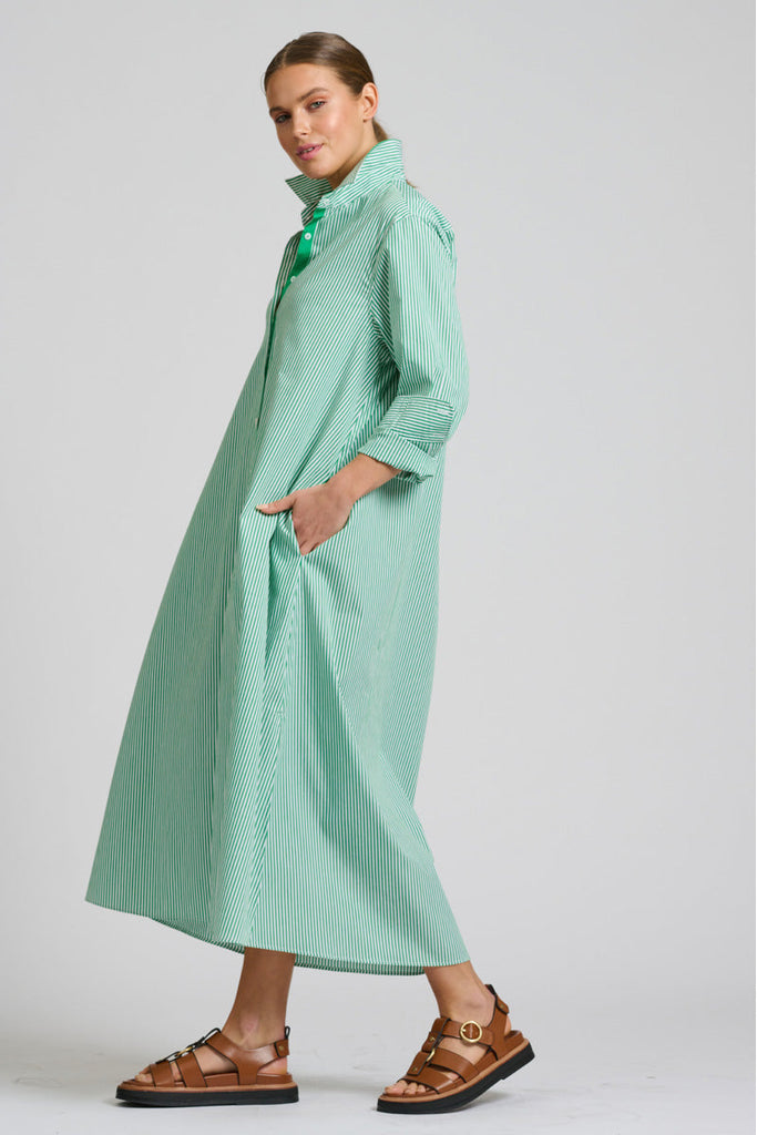 Shirty The Pippa Oversized Long Line Shirt Dress - Green Stripe