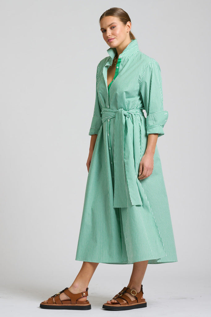 Shirty The Pippa Oversized Long Line Shirt Dress - Green Stripe