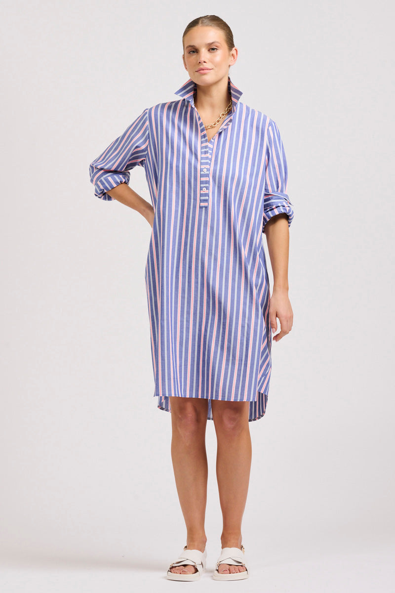 Shirt Chambray Striped Dress Tab Sleeve Stripe Dress, Chambray New