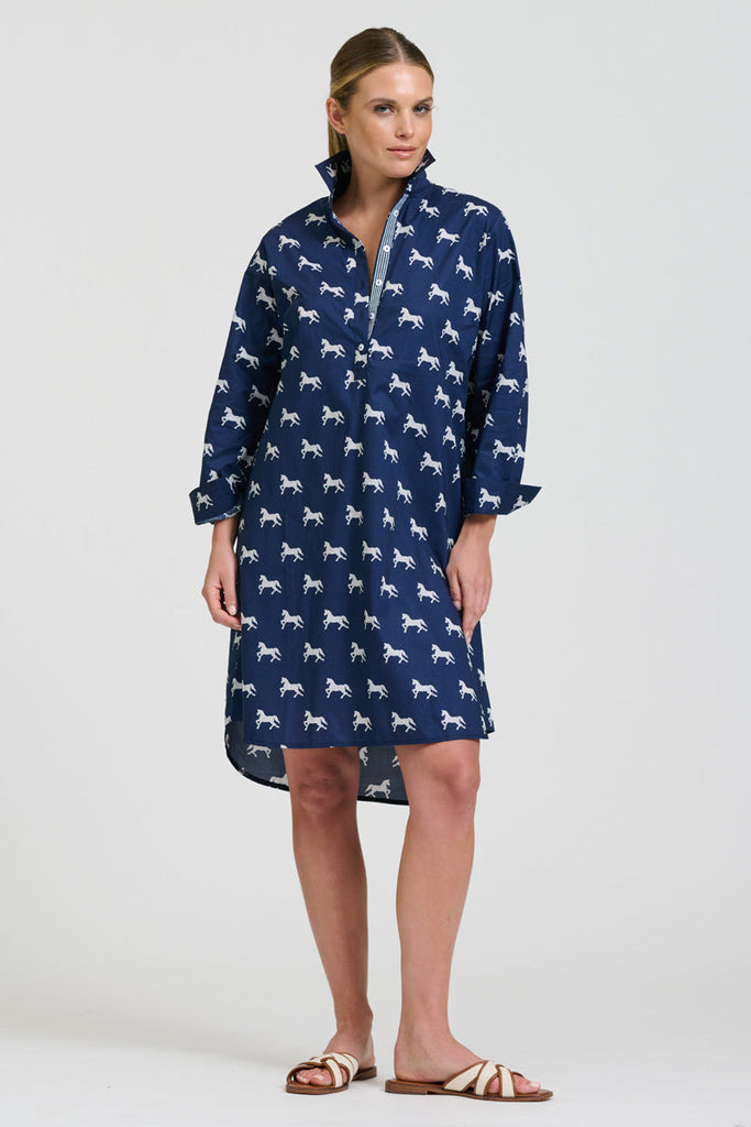Shirty The Popover Shirtdress - Navy with White Pony Prance