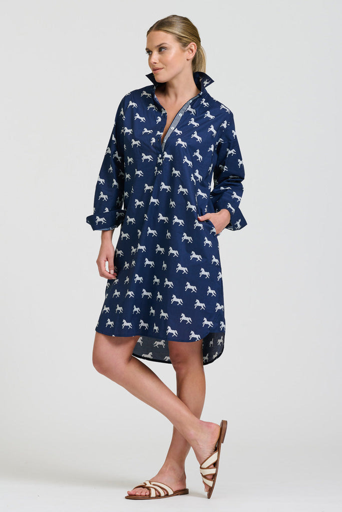 Shirty The Popover Shirtdress - Navy with White Pony Prance
