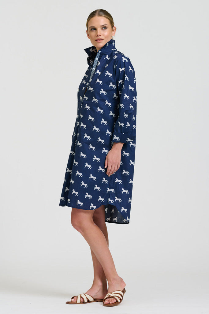Shirty The Popover Shirtdress - Navy with White Pony Prance