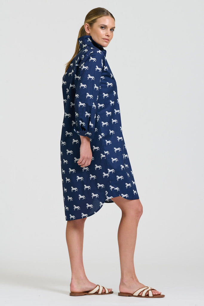 Shirty The Popover Shirtdress - Navy with White Pony Prance