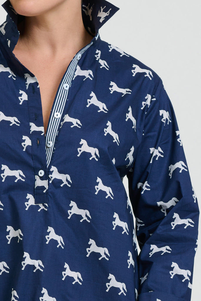Shirty The Popover Shirtdress - Navy with White Pony Prance