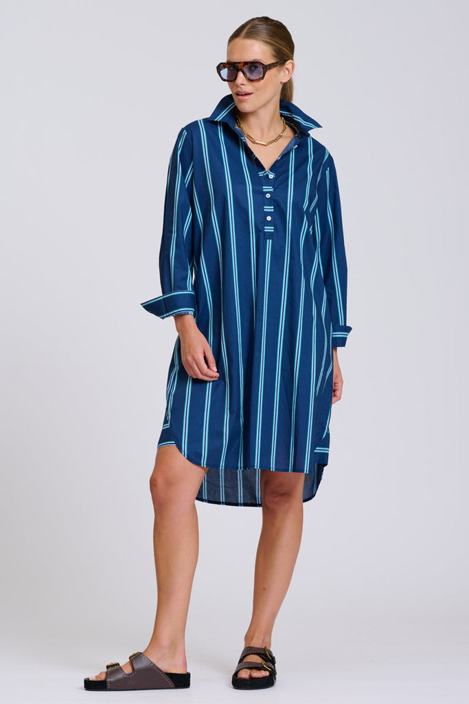 Shirty The Popover Shirtdress - Navy with Green Stripe