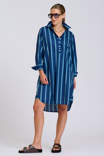 Shirty The Popover Shirtdress - Navy with Green Stripe