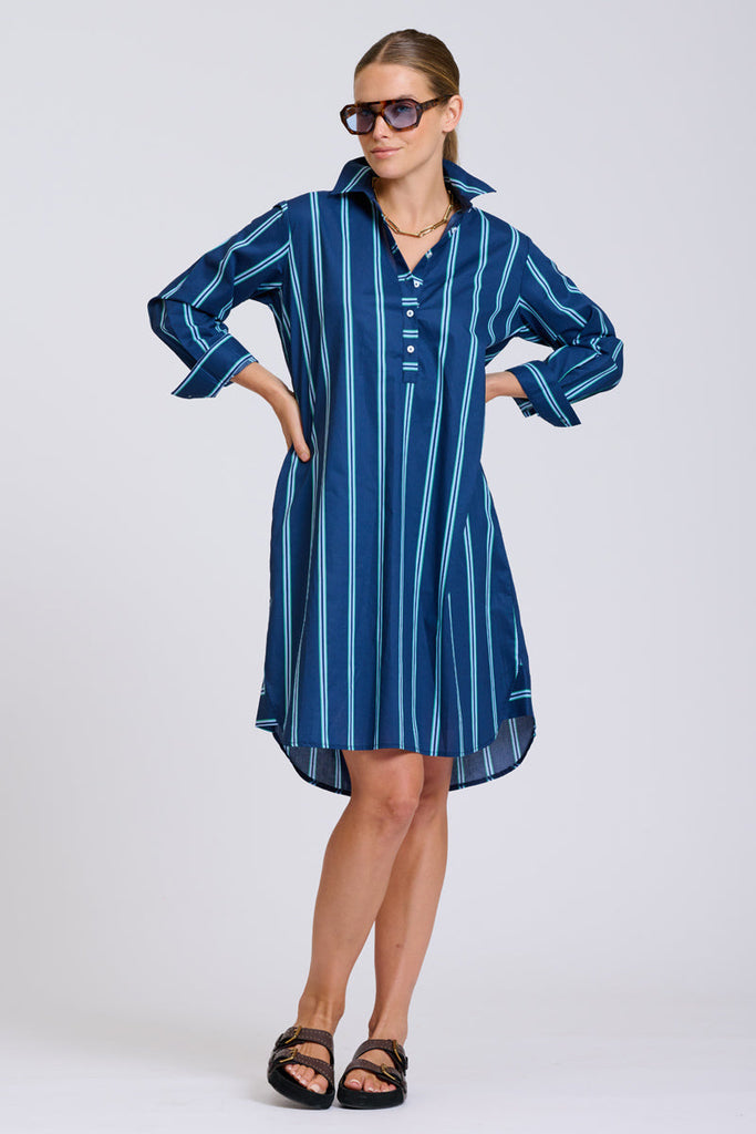 Shirty The Popover Shirtdress - Navy with Green Stripe