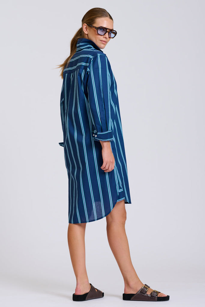 Shirty The Popover Shirtdress - Navy with Green Stripe