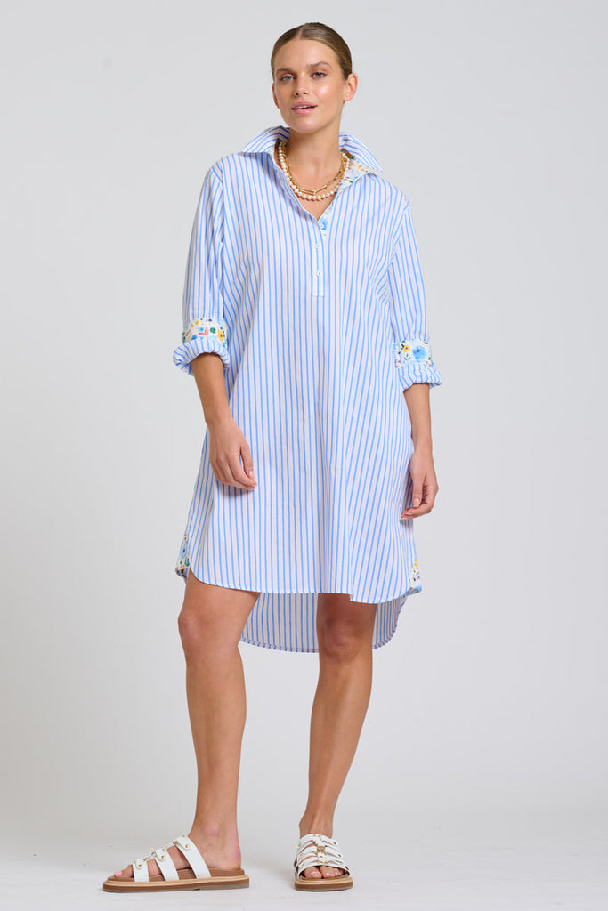 Shirty The Popover Shirtdress - White with Blue Stripe Floral Trim