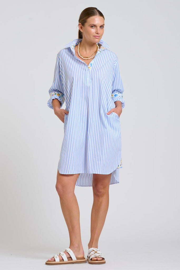 Shirty The Popover Shirtdress - White with Blue Stripe Floral Trim