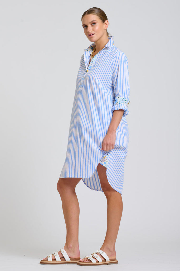 Shirty The Popover Shirtdress - White with Blue Stripe Floral Trim