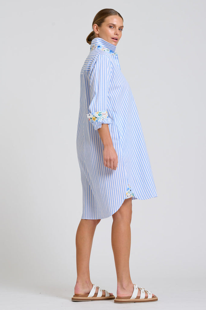 Shirty The Popover Shirtdress - White with Blue Stripe Floral Trim