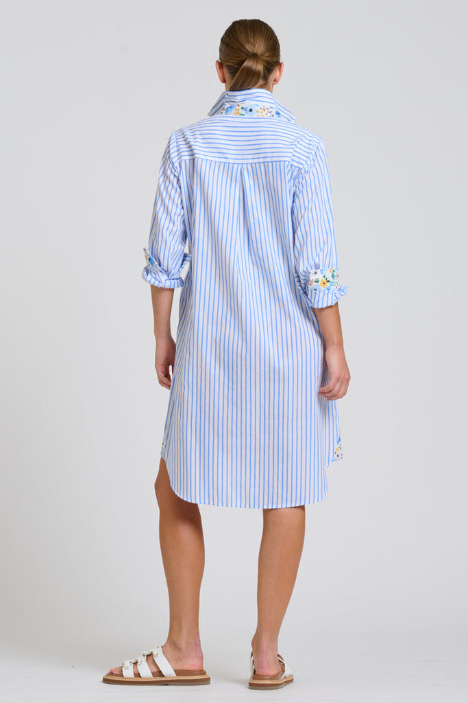 Shirty The Popover Shirtdress - White with Blue Stripe Floral Trim