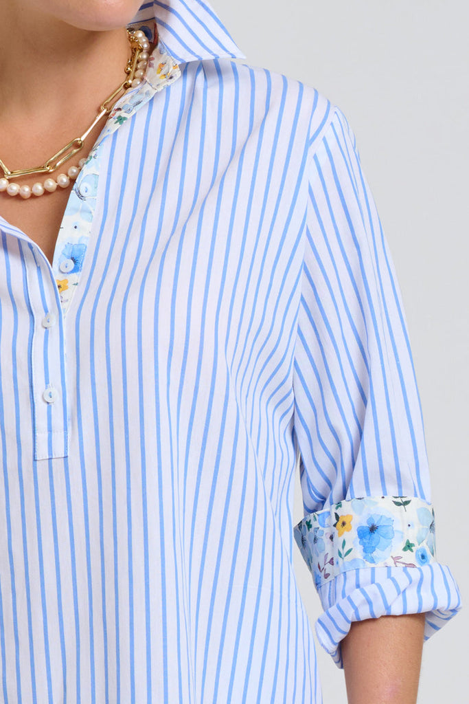 Shirty The Popover Shirtdress - White with Blue Stripe Floral Trim
