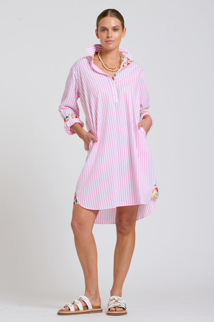 Shirty The Popover Shirtdress - White with Pink Stripe Floral Trim