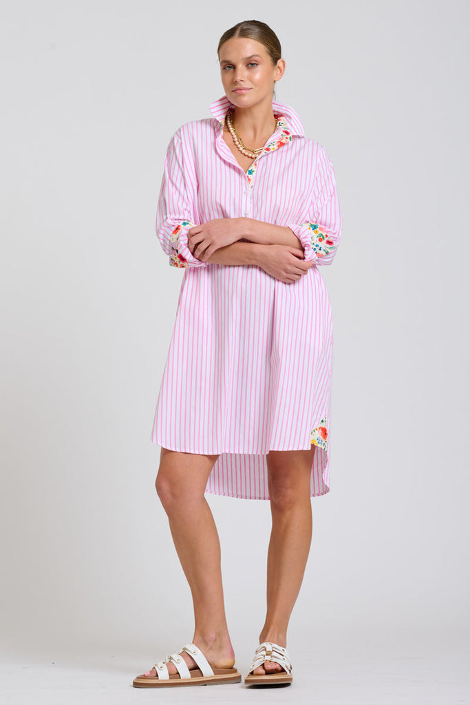 Shirty The Popover Shirtdress - White with Pink Stripe Floral Trim