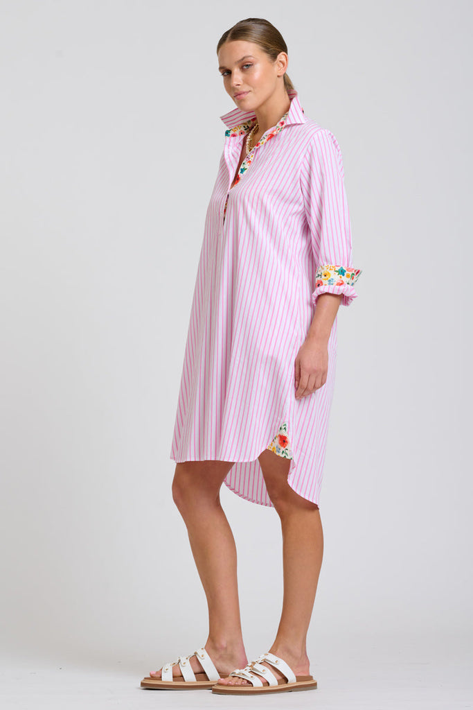 Shirty The Popover Shirtdress - White with Pink Stripe Floral Trim