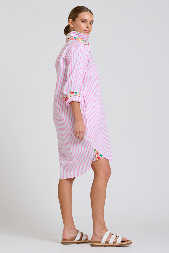 Shirty The Popover Shirtdress - White with Pink Stripe Floral Trim