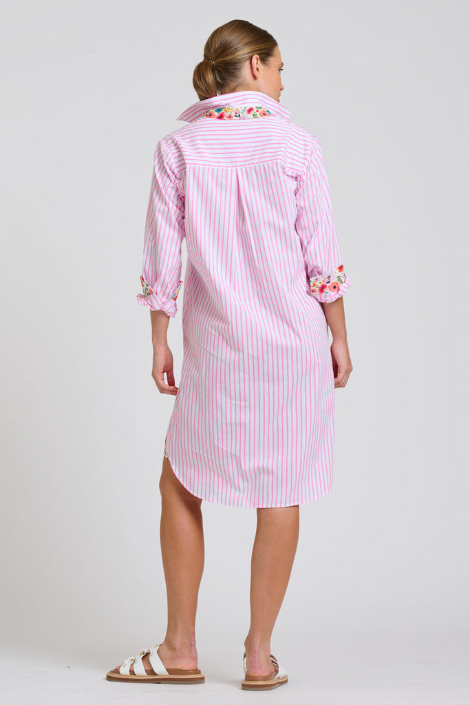 Shirty The Popover Shirtdress - White with Pink Stripe Floral Trim