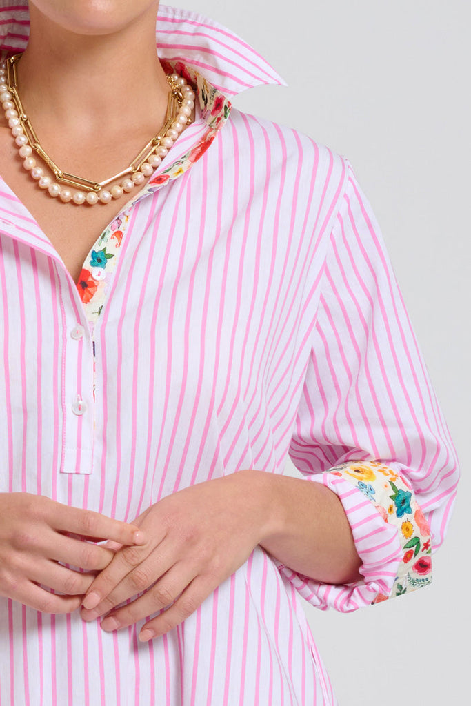 Shirty The Popover Shirtdress - White with Pink Stripe Floral Trim