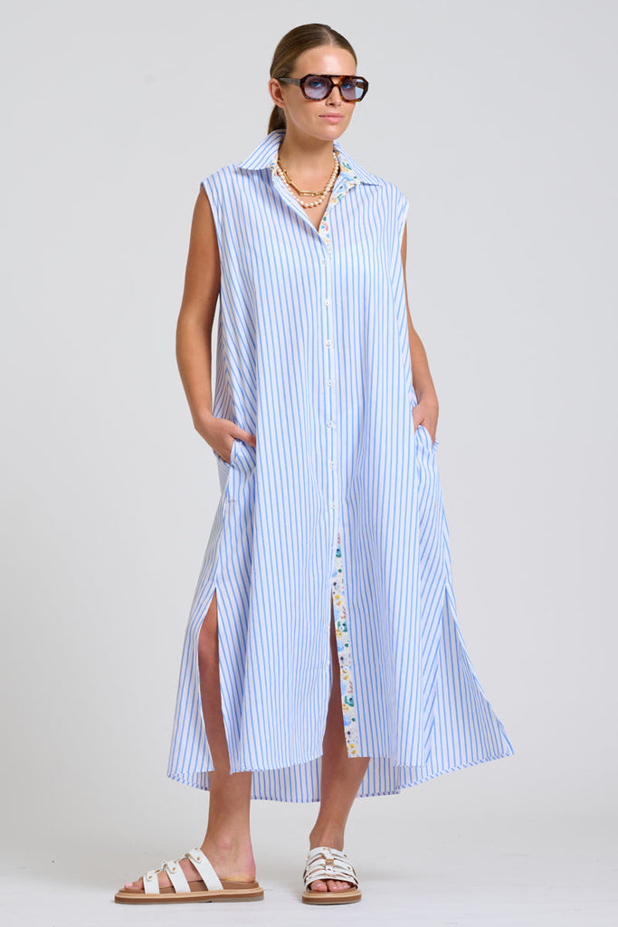 Shirty The Sloane Oversized Sleeveless Dress - White with Blue Stripe Floral Trim