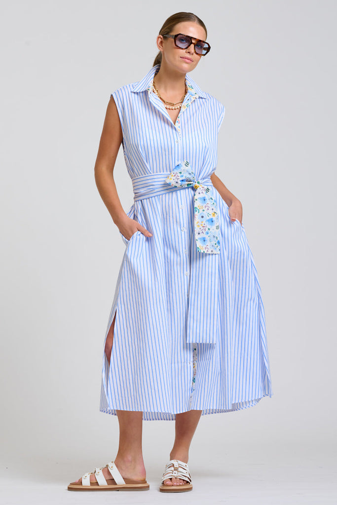 Shirty The Sloane Oversized Sleeveless Dress - White with Blue Stripe Floral Trim