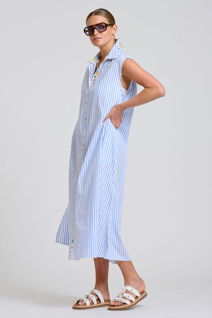 Shirty The Sloane Oversized Sleeveless Dress - White with Blue Stripe Floral Trim