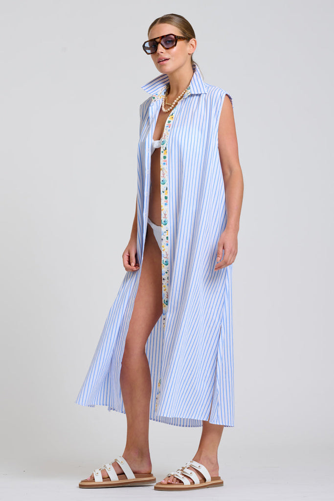 Shirty The Sloane Oversized Sleeveless Dress - White with Blue Stripe Floral Trim