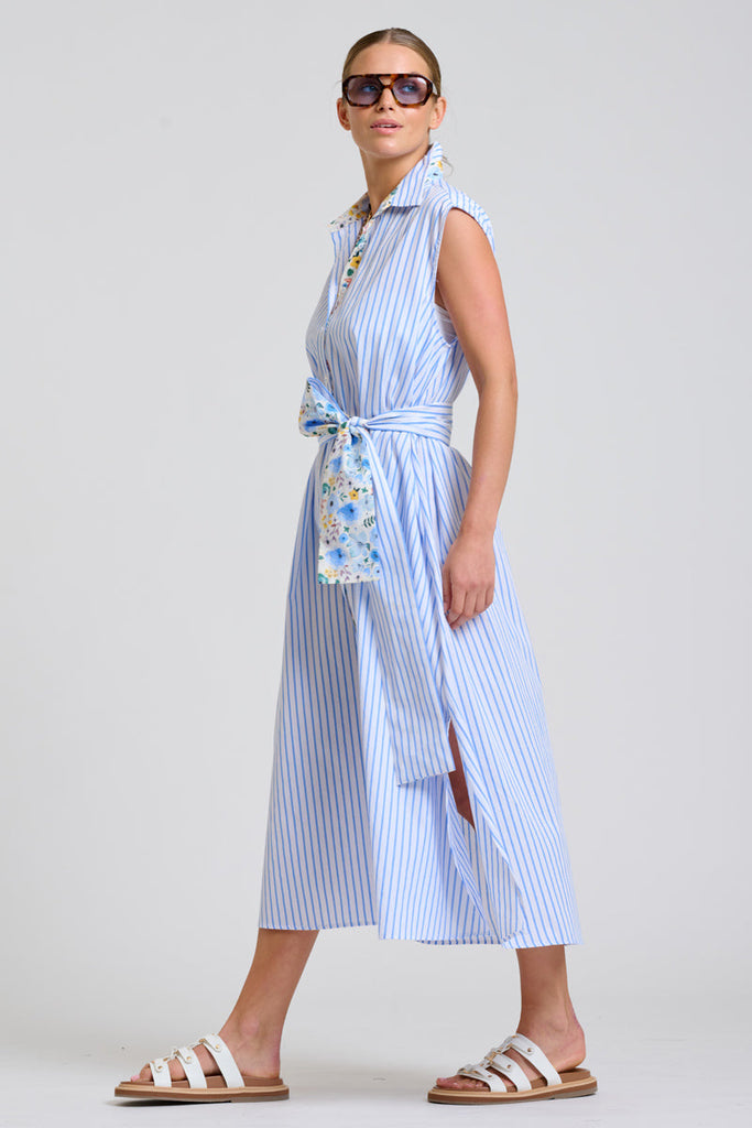Shirty The Sloane Oversized Sleeveless Dress - White with Blue Stripe Floral Trim