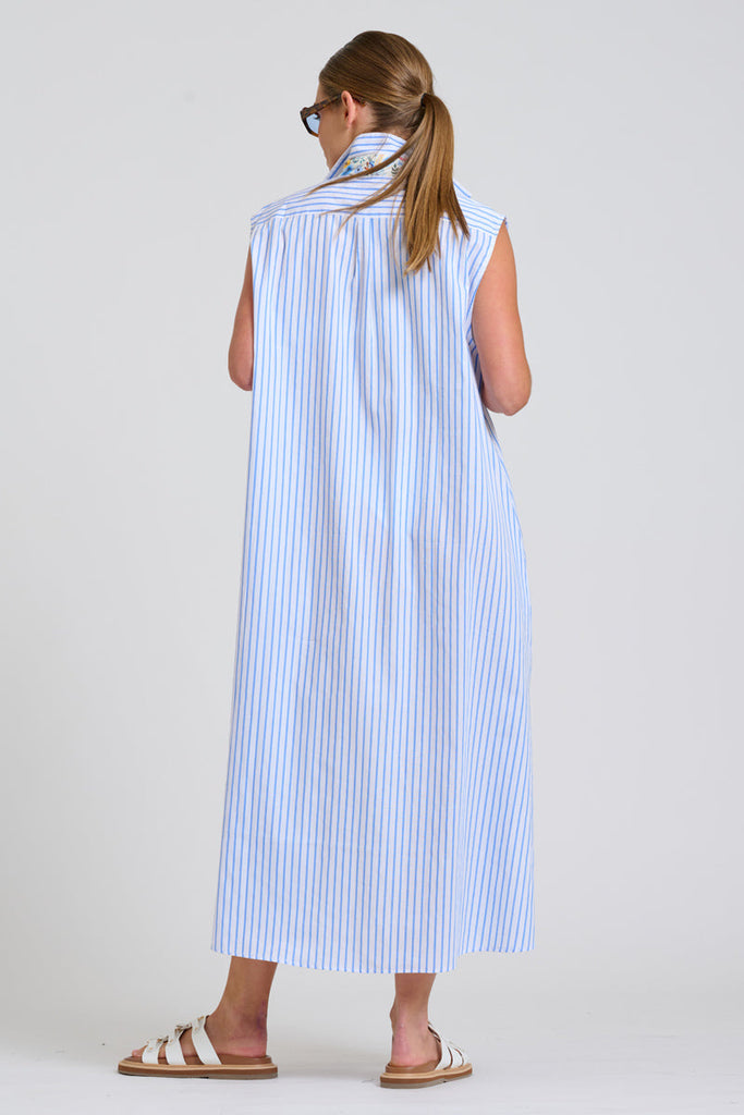 Shirty The Sloane Oversized Sleeveless Dress - White with Blue Stripe Floral Trim