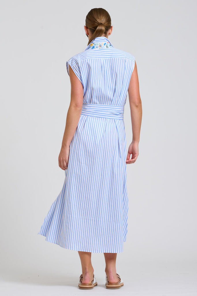 Shirty The Sloane Oversized Sleeveless Dress - White with Blue Stripe Floral Trim
