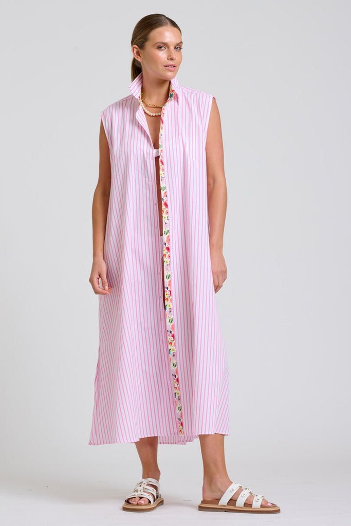 Shirty The Sloane Oversized Sleeveless Dress - White with Pink Stripe Floral Trim