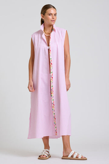 Shirty The Sloane Oversized Sleeveless Dress - White with Pink Stripe Floral Trim