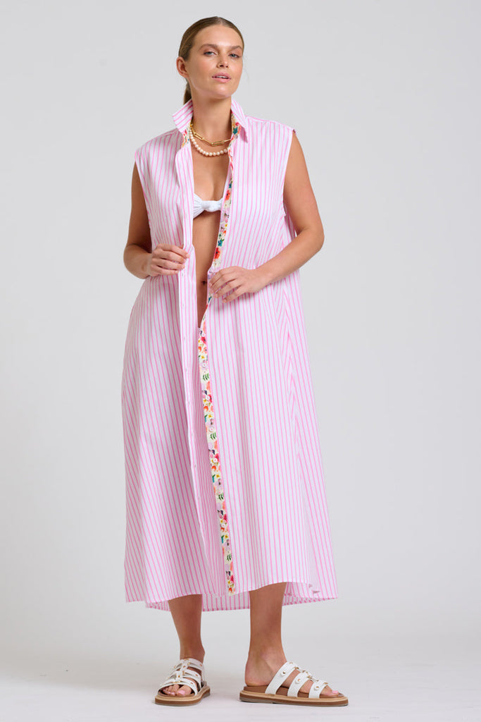 Shirty The Sloane Oversized Sleeveless Dress - White with Pink Stripe Floral Trim