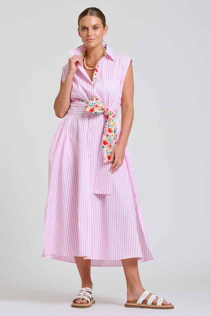 Shirty The Sloane Oversized Sleeveless Dress - White with Pink Stripe Floral Trim
