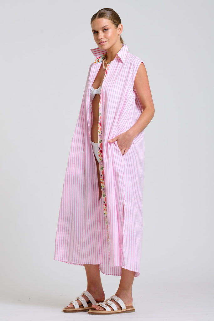 Shirty The Sloane Oversized Sleeveless Dress - White with Pink Stripe Floral Trim