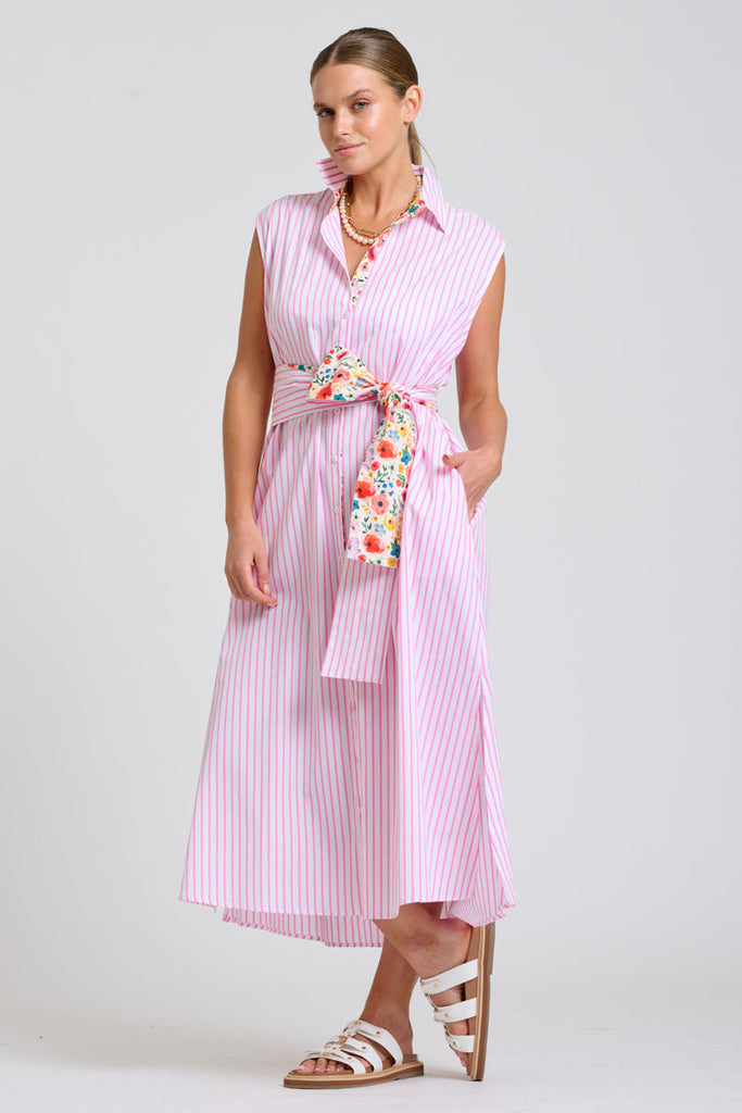 Shirty The Sloane Oversized Sleeveless Dress - White with Pink Stripe Floral Trim
