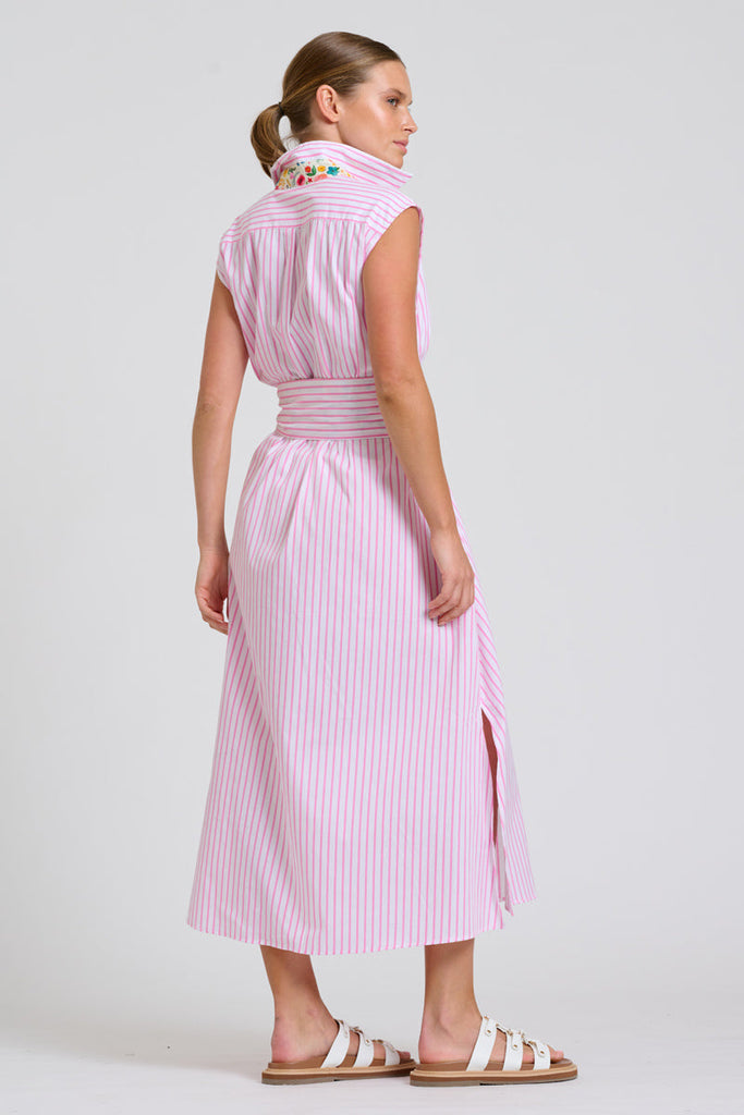 Shirty The Sloane Oversized Sleeveless Dress - White with Pink Stripe Floral Trim
