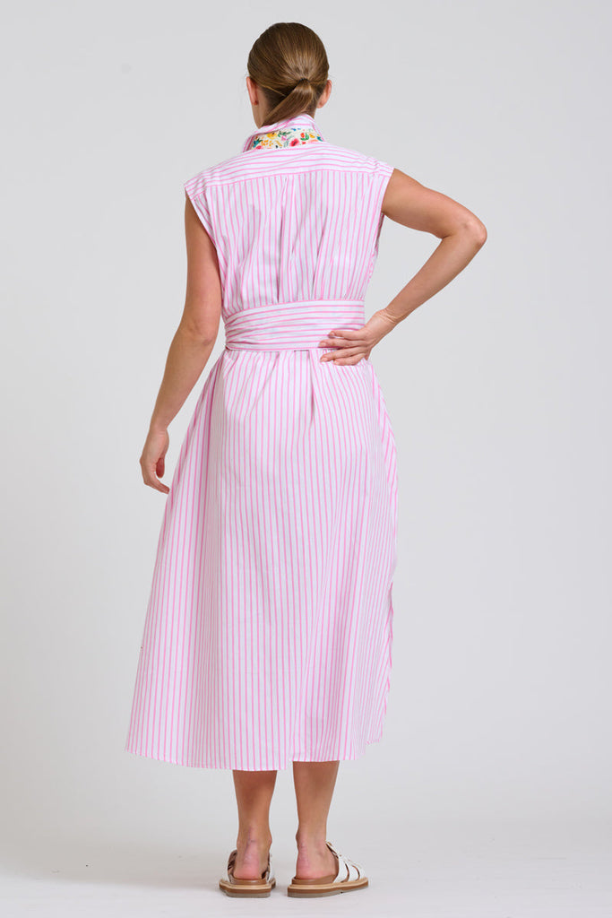 Shirty The Sloane Oversized Sleeveless Dress - White with Pink Stripe Floral Trim