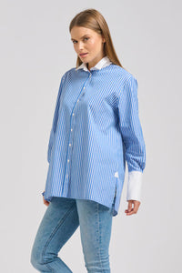 The Lady Banker Relaxed Girlfriend Shirt - Mid Blue Wide Stripe