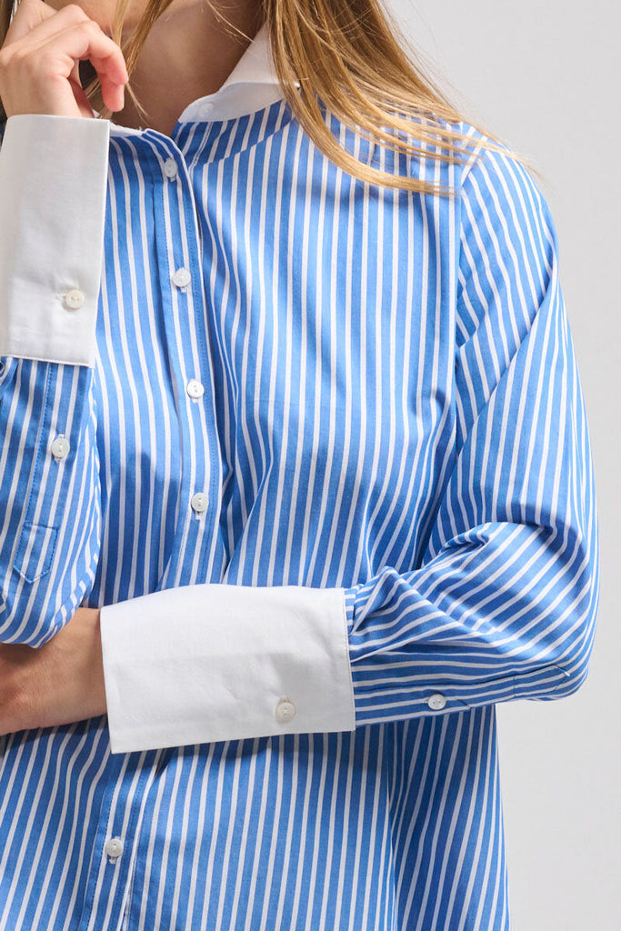 The Lady Banker Relaxed Girlfriend Shirt - Mid Blue Wide Stripe