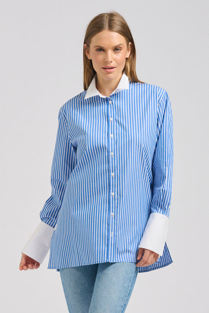 The Lady Banker Relaxed Girlfriend Shirt - Mid Blue Wide Stripe