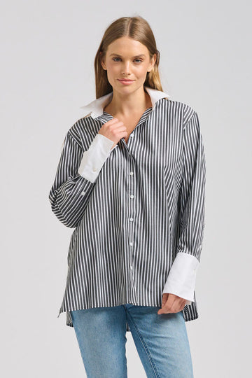 The Lady Banker Relaxed Girlfriend Shirt - Mid Blue Wide Stripe