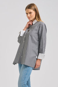 The Lady Banker Relaxed Girlfriend Shirt - Mid Blue Wide Stripe