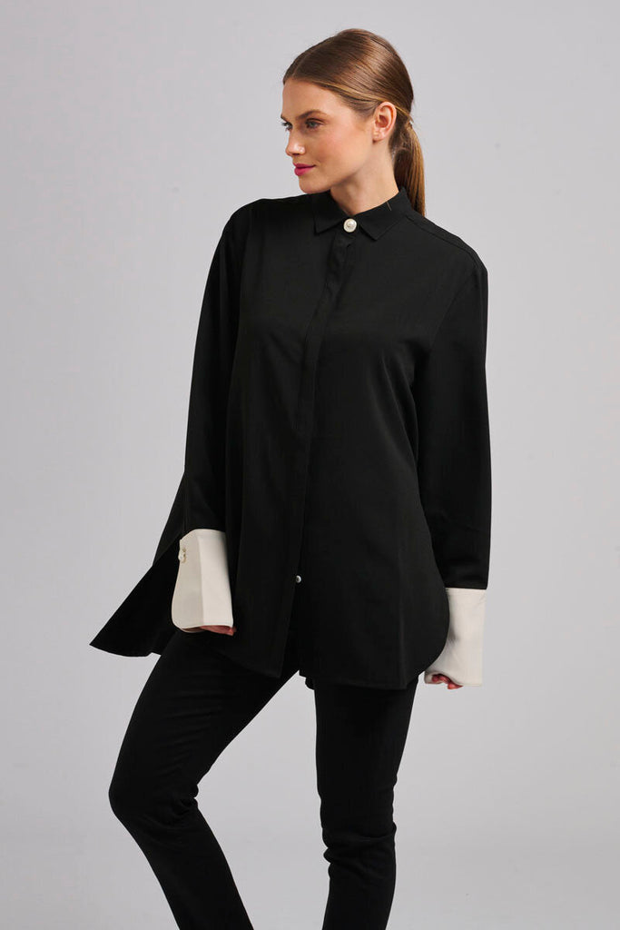 The Marnie Oversized Popover Shirt - Black/Cream