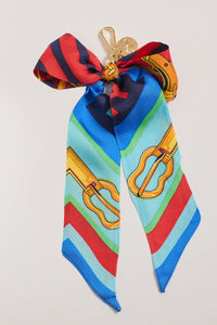 Printed Silk Scarf With Keychain - Blue Muti