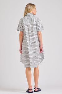 The Evie Short Sleeve Shirtdress - White/Navy Spot