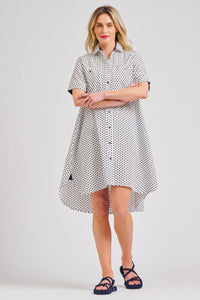 The Evie Short Sleeve Shirtdress - White/Navy Spot
