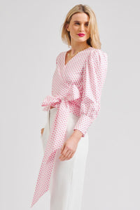 The Hazel Wrap Shirt - White/Pink Spot