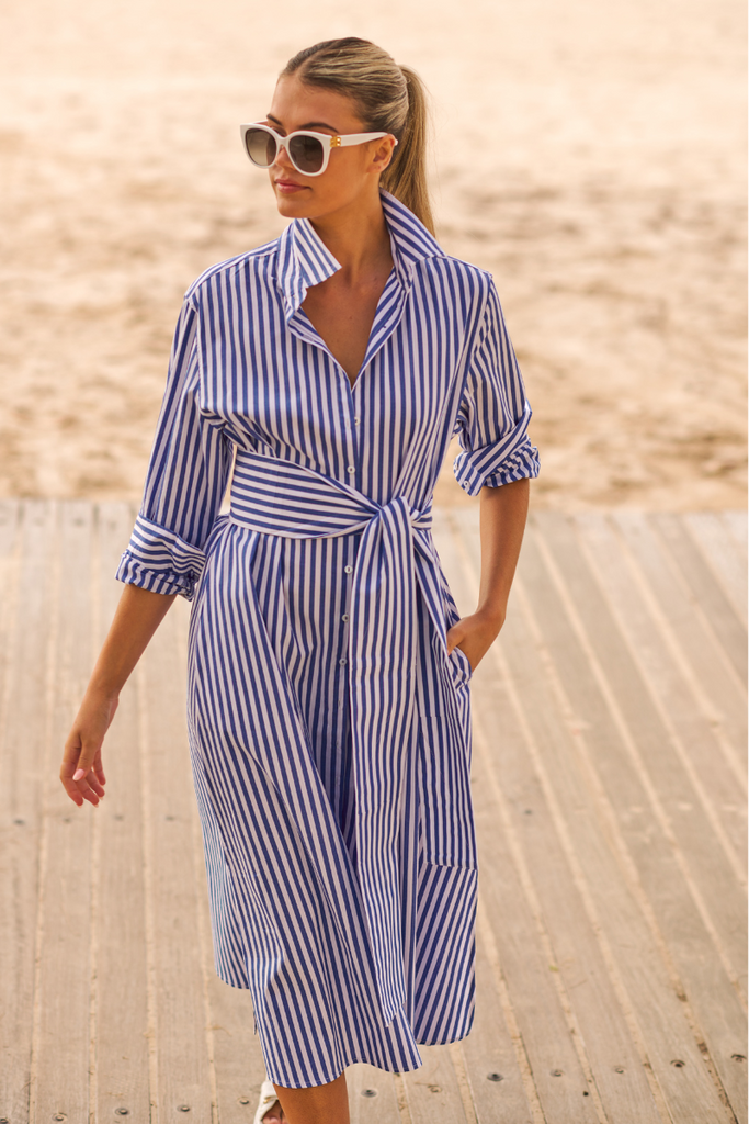 The Luna Long Shirt Dress Blue/White Stripe